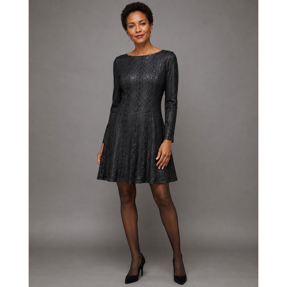 Cache Black Metallic Lace Long Sleeve Open Back Cocktail Dress Size 10